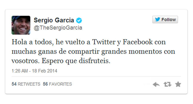Sergio García vuelve a Twitter y Facebook