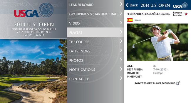 Aplicación del US Open 2014 para iPhone y Android - Golf